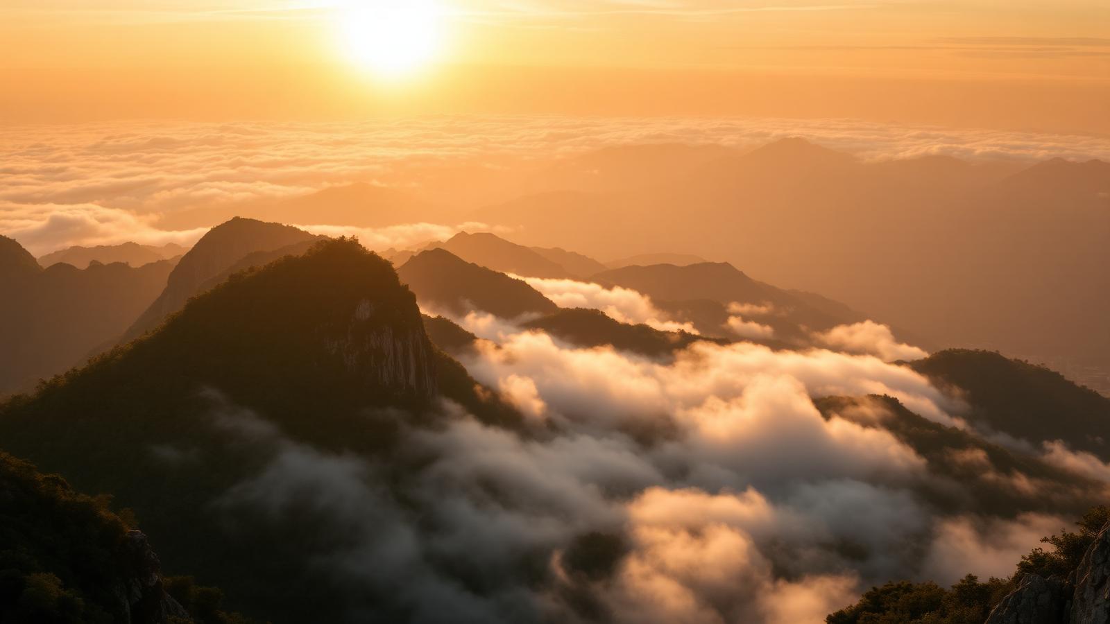 Núi Bà Đen Tây Ninh lúc bình minh, mây phủ đỉnh núi